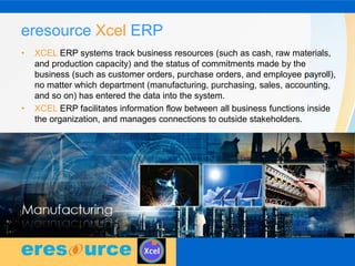 • XCEL ERP systems track business resources (such as cash, raw materials,
and production capacity) and the status of commitments made by the
business (such as customer orders, purchase orders, and employee payroll),
no matter which department (manufacturing, purchasing, sales, accounting,
and so on) has entered the data into the system.
• XCEL ERP facilitates information flow between all business functions inside
the organization, and manages connections to outside stakeholders.
eresource Xcel ERP
 
