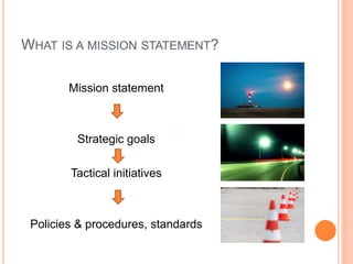 WHAT IS A MISSION STATEMENT?
Mission statement

Strategic goals

Tactical initiatives

Policies & procedures, standards

 