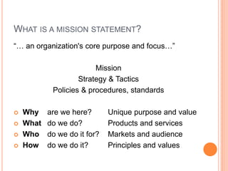 WHAT IS A MISSION STATEMENT?
“… an organization's core purpose and focus…”
Mission
Strategy & Tactics
Policies & procedures, standards






Why
What
Who
How

are we here?
do we do?
do we do it for?
do we do it?

Unique purpose and value
Products and services
Markets and audience
Principles and values

 