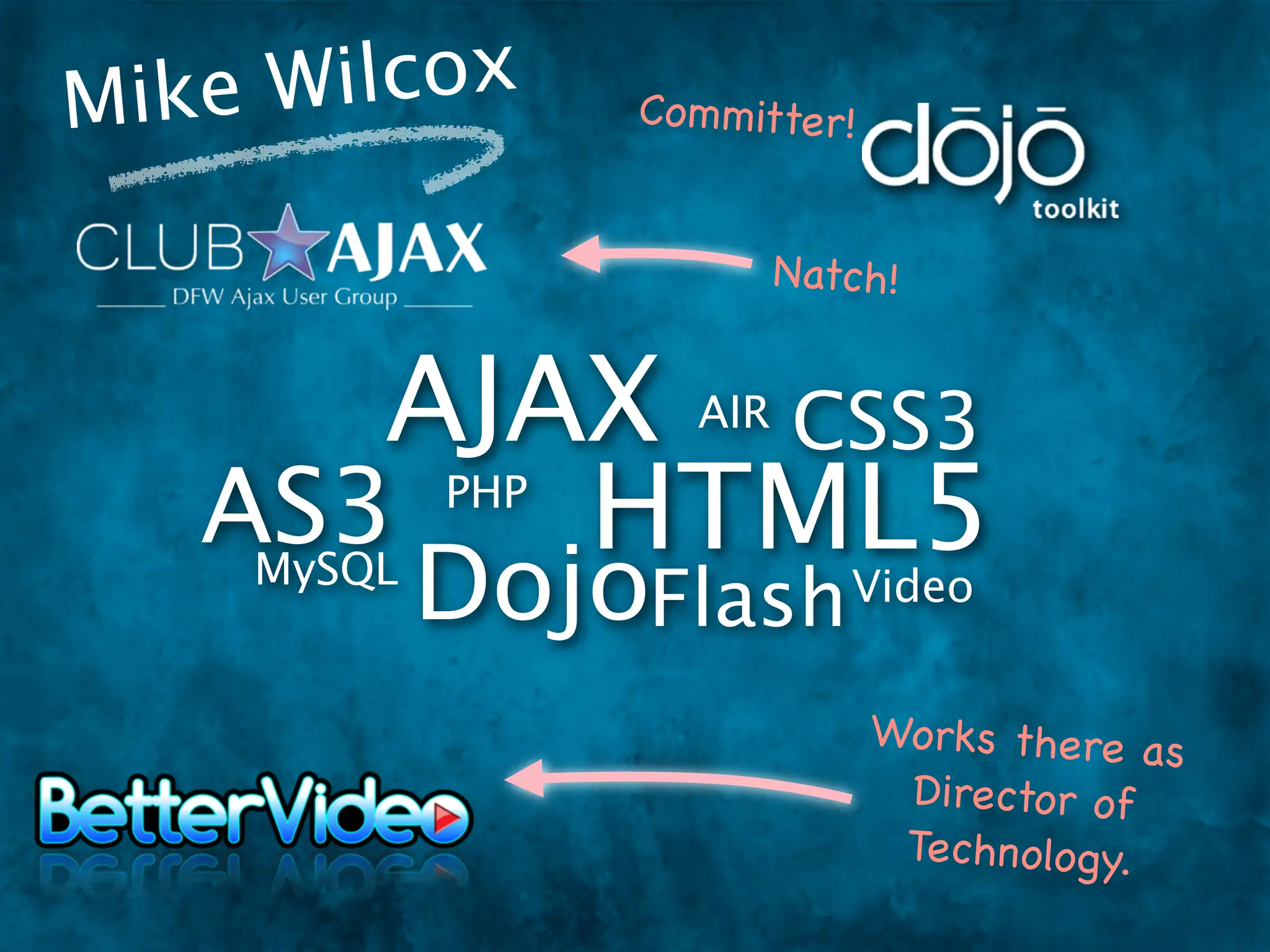 Mike W ilcox       Co m mitter!


                            Natch!


      AJAX CSS3       AIR

   AS3   HTML5
             PHP
     MySQL
             DojoFlash Video
                                  Works there as
                                   Director of
                                   Technology.
 