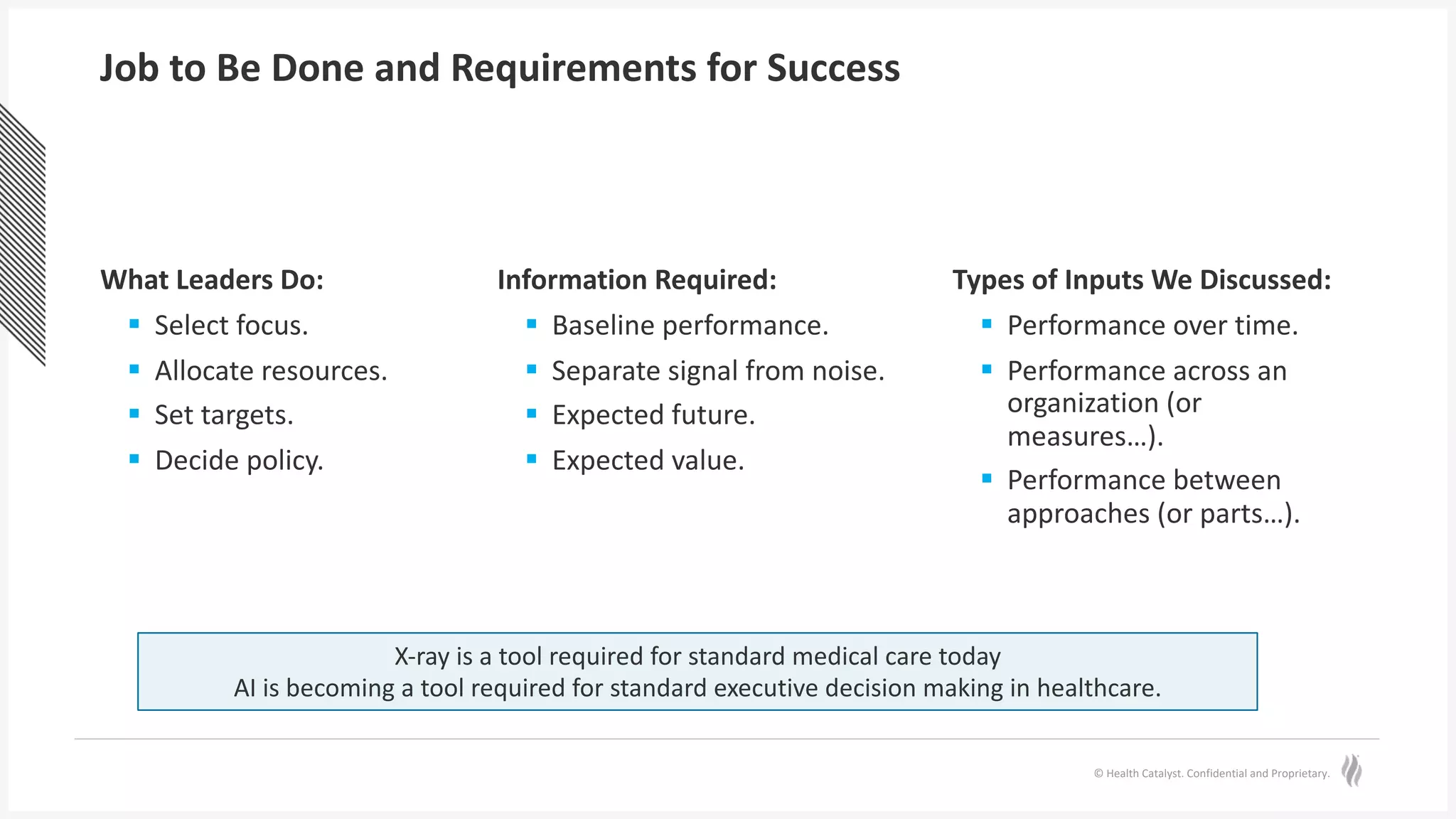 © Health Catalyst. Confidential and Proprietary.
Job to Be Done and Requirements for Success
What Leaders Do:
§ Select focus.
§ Allocate resources.
§ Set targets.
§ Decide policy.
Information Required:
§ Baseline performance.
§ Separate signal from noise.
§ Expected future.
§ Expected value.
Types of Inputs We Discussed:
§ Performance over time.
§ Performance across an
organization (or
measures…).
§ Performance between
approaches (or parts…).
X-ray is a tool required for standard medical care today
AI is becoming a tool required for standard executive decision making in healthcare.
 
