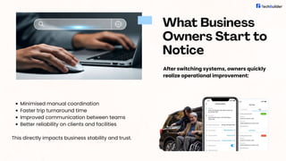What Business
Owners Start to
Notice
Minimised manual coordination
Faster trip turnaround time
Improved communication between teams
Better reliability on clients and facilities
This directly impacts business stability and trust.
After switching systems, owners quickly
realize operational improvement:
 