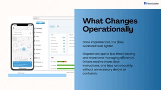 What Changes
Operationally
Once implemented, the daily
workload feels lighter.
Dispatchers spend less time reacting
and more time managing efficiently.
Drivers receive more clear
instructions, and trips run smoothly;
without unnecessary delays or
confusion.
 