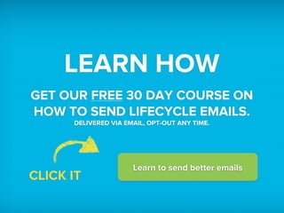 LEARN HOW
GET OUR FREE 30 DAY COURSE ON
HOW TO SEND LIFECYCLE EMAILS.
DELIVERED VIA SEVEN EMAILS, OPT-OUT ANY TIME.
CLICK ...