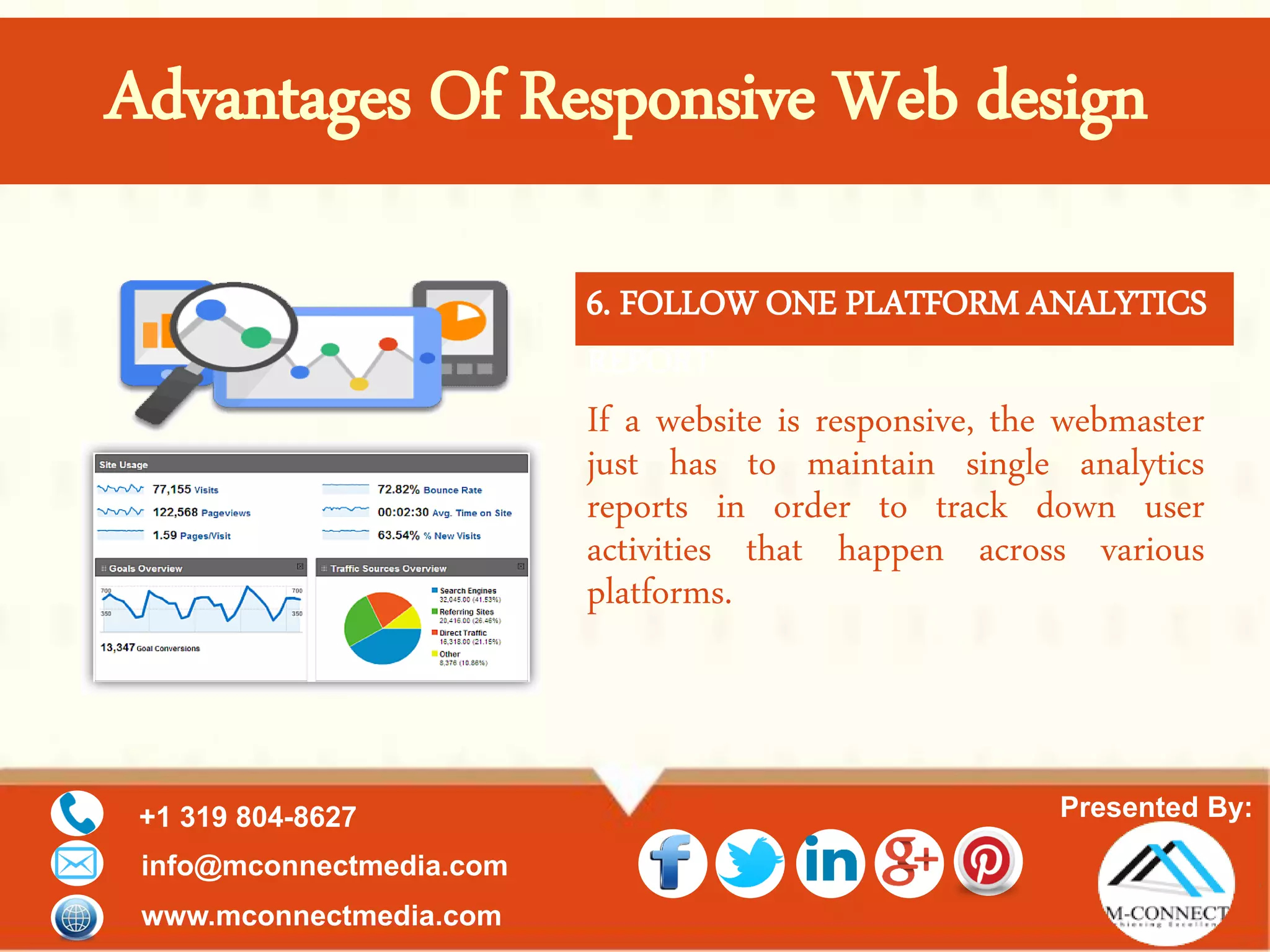 Presented By:+1 319 804-8627
info@mconnectmedia.com
www.mconnectmedia.com
If a website is responsive, the webmaster
just has to maintain single analytics
reports in order to track down user
activities that happen across various
platforms.
6. FOLLOW ONE PLATFORM ANALYTICS
REPORT
Advantages Of Responsive Web design
 