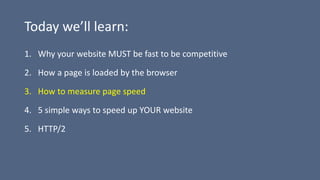 Today we’ll learn:
1. Why your website MUST be fast to be competitive
2. How a page is loaded by the browser
3. How to mea...