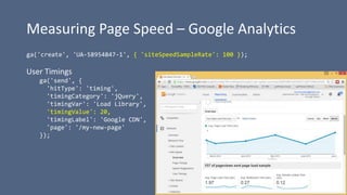Measuring Page Speed – Google Analytics
ga('create', 'UA-58954847-1', { 'siteSpeedSampleRate': 100 });
User Timings
ga('se...