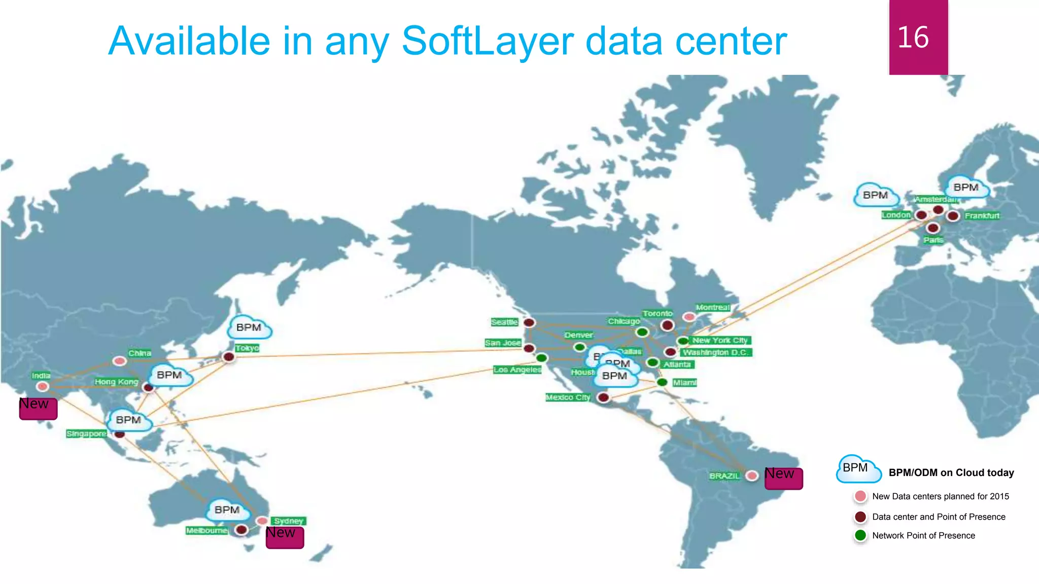 Available in any SoftLayer data center
Data center and Point of Presence
New Data centers planned for 2015
Network Point of Presence
BPM/ODM on Cloud todayBPM
New
New
New
16
 