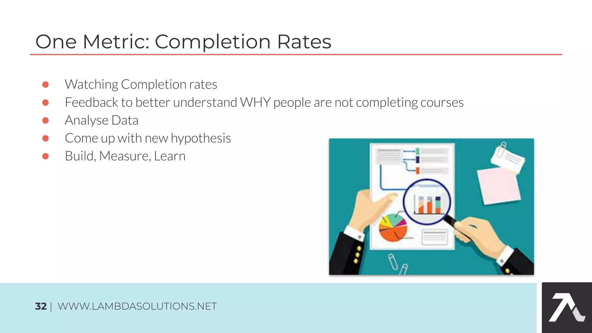 One Metric: Completion Rates
●
●
●
●
●
32
 