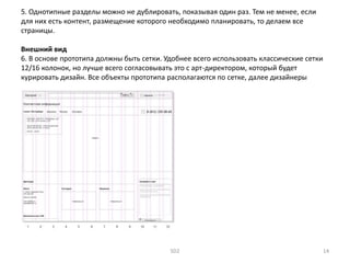 5. Однотипные разделы можно не дублировать, показывая один раз. Тем не менее, если
для них есть контент, размещение которого необходимо планировать, то делаем все
страницы.
Внешний вид
6. В основе прототипа должны быть сетки. Удобнее всего использовать классические сетки
12/16 колонок, но лучше всего согласовывать это с арт-директором, который будет
курировать дизайн. Все объекты прототипа располагаются по сетке, далее дизайнеры
сохраняют такое размещение.
SD2 14
 