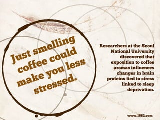 Just smelling 
coffee could 
make you less 
stressed. 
Researchers at the Seoul 
National University 
discovered that 
exp...