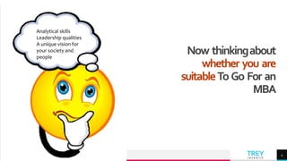 TREY
research
Now thinkingabout
whether you are
suitableTo Go For an
MBA
4
Analytical skills
Leadership qualities
A unique vision for
your society and
people
 