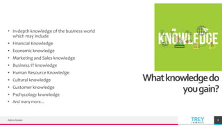 TREY
research
Whatknowledgedo
yougain?
• In-depth knowledge of the business world
which may include
• Financial Knowledge
• Economic knowledge
• Marketing and Sales knowledge
• Business IT knowledge
• Human Resource Knowledge
• Cultural knowledge
• Customer knowledge
• Pschycology knowledge
• And many more…
Add a footer 8
 