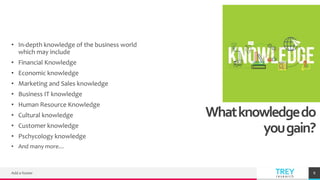 TREY
research
Whatknowledgedo
yougain?
• In-depth knowledge of the business world
which may include
• Financial Knowledge
...