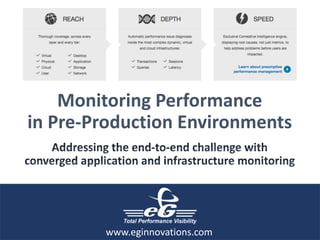 Monitoring	Performance
in	Pre-Production	Environments
Addressing	the	end-to-end	challenge	with							
converged	application	and	infrastructure	monitoring
www.eginnovations.com
 