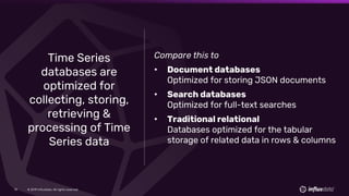 © 2019 InfluxData. All rights reserved.19
Time Series
databases are
optimized for
collecting, storing,
retrieving &
processing of Time
Series data
Compare this to
• Document databases
Optimized for storing JSON documents
• Search databases
Optimized for full-text searches
• Traditional relational
Databases optimized for the tabular
storage of related data in rows & columns
 