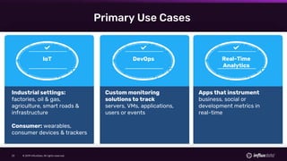© 2019 InfluxData. All rights reserved.23 © 2019 InfluxData. All rights reserved.23
Primary Use Cases
Custom monitoring
solutions to track
servers, VMs, applications,
users or events
Industrial settings:
factories, oil & gas,
agriculture, smart roads &
infrastructure
Consumer: wearables,
consumer devices & trackers
Apps that instrument
business, social or
development metrics in
real-time
IoT DevOps Real-Time
Analytics
 