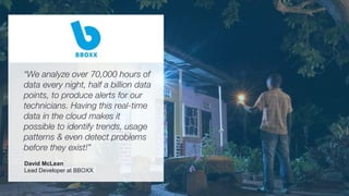 © 2018 InfluxData. All rights reserved.44 © 2018 InfluxData. All rights reserved.44
“We analyze over 70,000 hours of
data every night, half a billion data
points, to produce alerts for our
technicians. Having this real-time
data in the cloud makes it
possible to identify trends, usage
patterns & even detect problems
before they exist!”
David McLean
Lead Developer at BBOXX
 