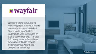 © 2018 InfluxData. All rights reserved.47 © 2018 InfluxData. All rights reserved.47
Wayfair is using InfluxData to
monitor system metrics & events
across datacenters, and Real
User monitoring (RUM) to
understand user experience on
their e-commerce site. The goal
is to marry these with business
process events and provide
better business insight and
competitive advantage
 