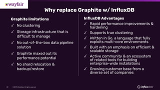 © 2019 InfluxData. All rights reserved.50
Graphite limitations
✓ No clustering
✓ Storage infrastructure that is
difficult to manage
✓ No out-of-the-box data pipeline
solution
✓ Graphite maxed out its
performance potential
✓ No shard relocation &
backup/restore
InfluxDB Advantages
✓ Rapid performance improvements &
hardening
✓ Supports true clustering
✓ Written in Go, a language that fully
exploits multi-core environments
✓ Built with an emphasis on efficient &
scalable storage
✓ Active community & an ecosystem
of related tools for building
enterprise-wide installations
✓ Growing customer base from a
diverse set of companies
Why replace Graphite w/ InfluxDB
 