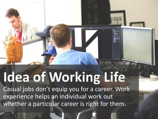 Idea of Working Life
Casual jobs don’t equip you for a career. Work
experience helps an individual work out
whether a particular career is right for them.
 