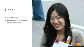 Linda
• General Manager
• Needs visibility for all customer
data and related issues
This Photo by Unknown Author is licensed under CC BY-SA
 