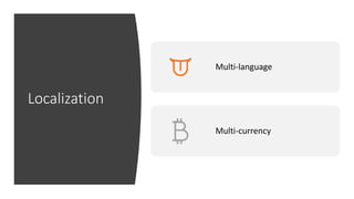 Localization
Multi-language
Multi-currency
 