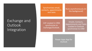 Exchange and
Outlook
Integration
Synchronizes email,
contacts, appointments
and tasks
Runs asynchronously (in
the background)
CAT created in CRM
synchronize to
Exchange/Outlook.
Emails, Contacts,
Appointments and Tasks
tracked in Outlook
synchronize to CRM
Power Apps App for
Outlook
 
