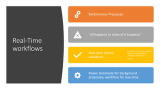 Real-Time
workflows
Synchronous Processes
“all happens or none of it happens”
Real-time record
validation
Example: You want to validate
data is complete before
changing record status
Emails
Power Automate for background
processes, workflow for real-time
 