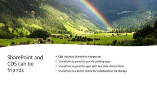 SharePoint and
CDS can be
friends
• CDS includes SharePoint integration
• SharePoint is great for quickly building apps
• SharePoint is great for apps with few data relationships
• SharePoint is a better choice for collaboration file storage
 