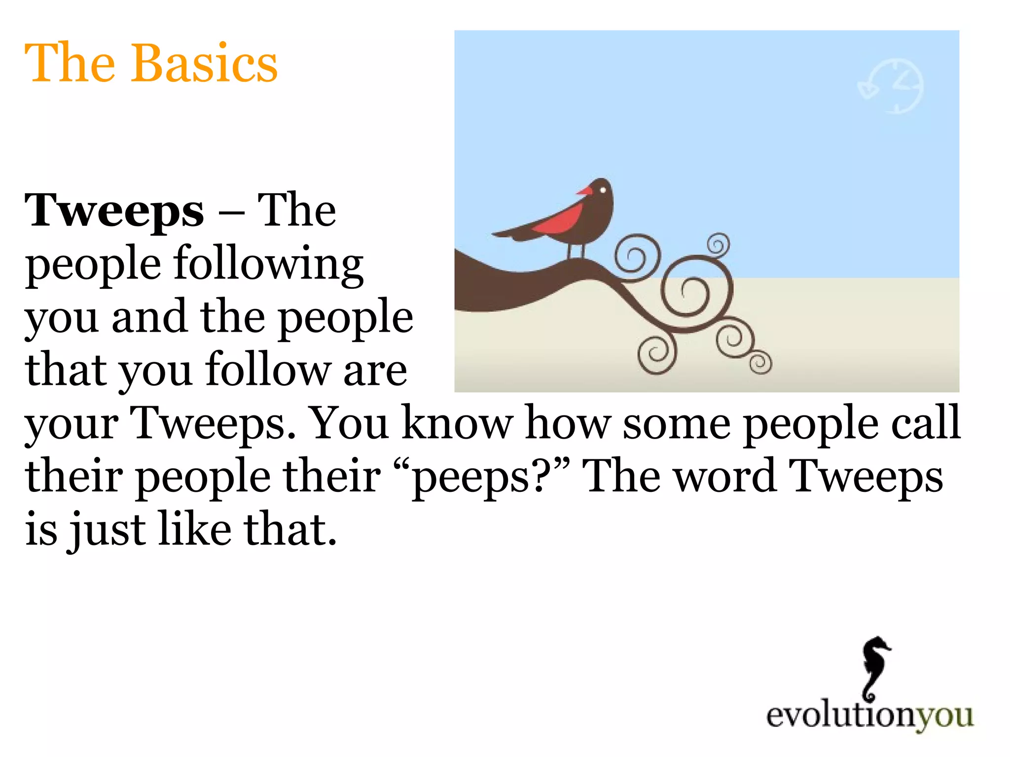 The Basics Tweeps  – The  people following  you and the people  that you follow are  your Tweeps. You know how some people call their people their “peeps?” The word Tweeps is just like that. 