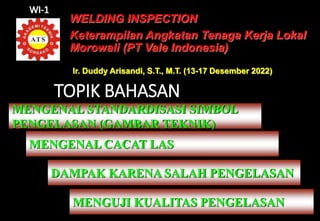 TOPIK BAHASAN
WELDING INSPECTION
Keterampilan Angkatan Tenaga Kerja Lokal
Morowali (PT Vale Indonesia)
MENGENAL STANDARDISASI SIMBOL
PENGELASAN (GAMBAR TEKNIK)
Ir. Duddy Arisandi, S.T., M.T. (13-17 Desember 2022)
WI-1
MENGENAL CACAT LAS
DAMPAK KARENA SALAH PENGELASAN
MENGUJI KUALITAS PENGELASAN
 