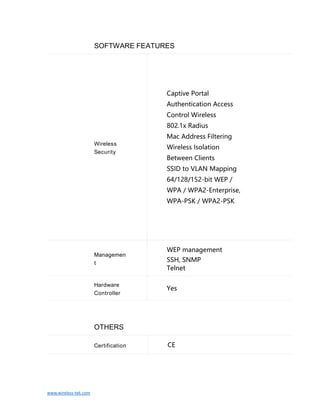 www.wireless-tek.com
SOFTWARE FEATURES
Wireless
Security
Captive Portal
Authentication Access
Control Wireless
802.1x Radius
Mac Address Filtering
Wireless Isolation
Between Clients
SSID to VLAN Mapping
64/128/152-bit WEP /
WPA / WPA2-Enterprise,
WPA-PSK / WPA2-PSK
Managemen
t
WEP management
SSH, SNMP
Telnet
Hardware
Controller
Yes
OTHERS
Certification CE
 