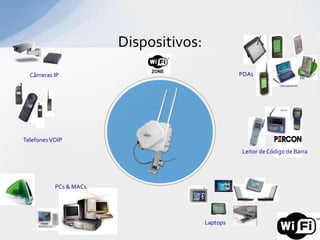Dispositivos:
  Câmeras IP                                      PDAs




Telefones VOIP
                                                  Leitor de Código de Barra




           PCs & MACs




                                        Laptops
 