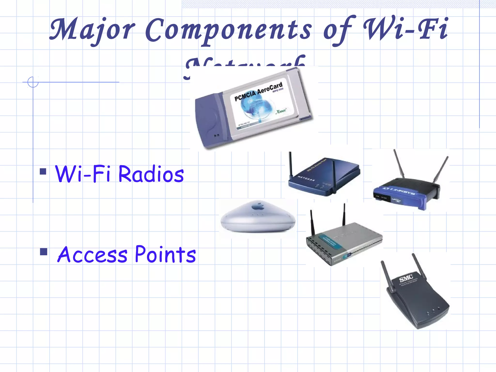 Major Components of Wi-Fi
Network
 Wi-Fi Radios
 Access Points
 