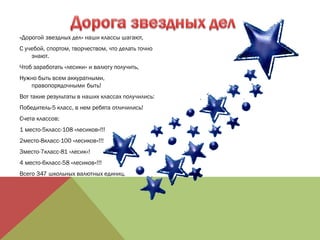 «Дорогой звездных дел» наши классы шагают,
С учебой, спортом, творчеством, что делать точно
знают.
Чтоб заработать «лесики» и валюту получить,
Нужно быть всем аккуратными,
правопорядочными быть!
Вот такие результаты в наших классах получились:
Победитель-5 класс, в нем ребята отличились!
Счета классов:
1 место-5класс-108 «лесиков»!!!
2место-8класс-100 «лесиков»!!!
3место-7класс-81 «лесик»!
4 место-6класс-58 «лесиков»!!!
Всего 347 школьных валютных единиц.
 