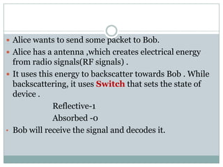  Alice wants to send some packet to Bob.
 Alice has a antenna ,which creates electrical energy
from radio signals(RF signals) .
 It uses this energy to backscatter towards Bob . While
backscattering, it uses Switch that sets the state ofbackscattering, it uses Switch that sets the state of
device .
Reflective-1
Absorbed -0
• Bob will receive the signal and decodes it.
 