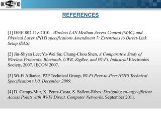 REFERENCES
[1] IEEE 802.11z-2010 - Wireless LAN Medium Access Control (MAC) and
Physical Layer (PHY) specifications Amendment 7: Extensions to Direct-Link
Setup (DLS).
[2] Jin-Shyan Lee; Yu-Wei Su; Chung-Chou Shen, A Comparative Study of
Wireless Protocols: Bluetooth, UWB, ZigBee, and Wi-Fi, Industrial Electronics
Society, 2007. IECON 2007.
[3] Wi-Fi Alliance, P2P Technical Group, Wi-Fi Peer-to-Peer (P2P) Technical
Specification v1.0, December 2009.
[4] D. Camps-Mur, X. Perez-Costa, S. Sallent-Ribes, Designing en-ergy efficient
Access Points with Wi-Fi Direct, Computer Networks, September 2011.

 