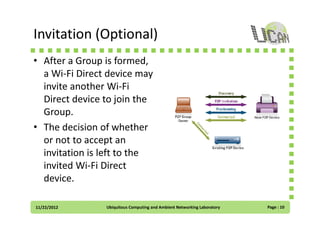 Invitation (Optional)
• After a Group is formed,
a Wi-Fi Direct device may
invite another Wi-Fi
Direct device to join the
Group.
• The decision of whether
or not to accept an
invitation is left to the
invited Wi-Fi Direct
device.
11/22/2012

Ubiquitous Computing and Ambient Networking Laboratory

Page : 10

 