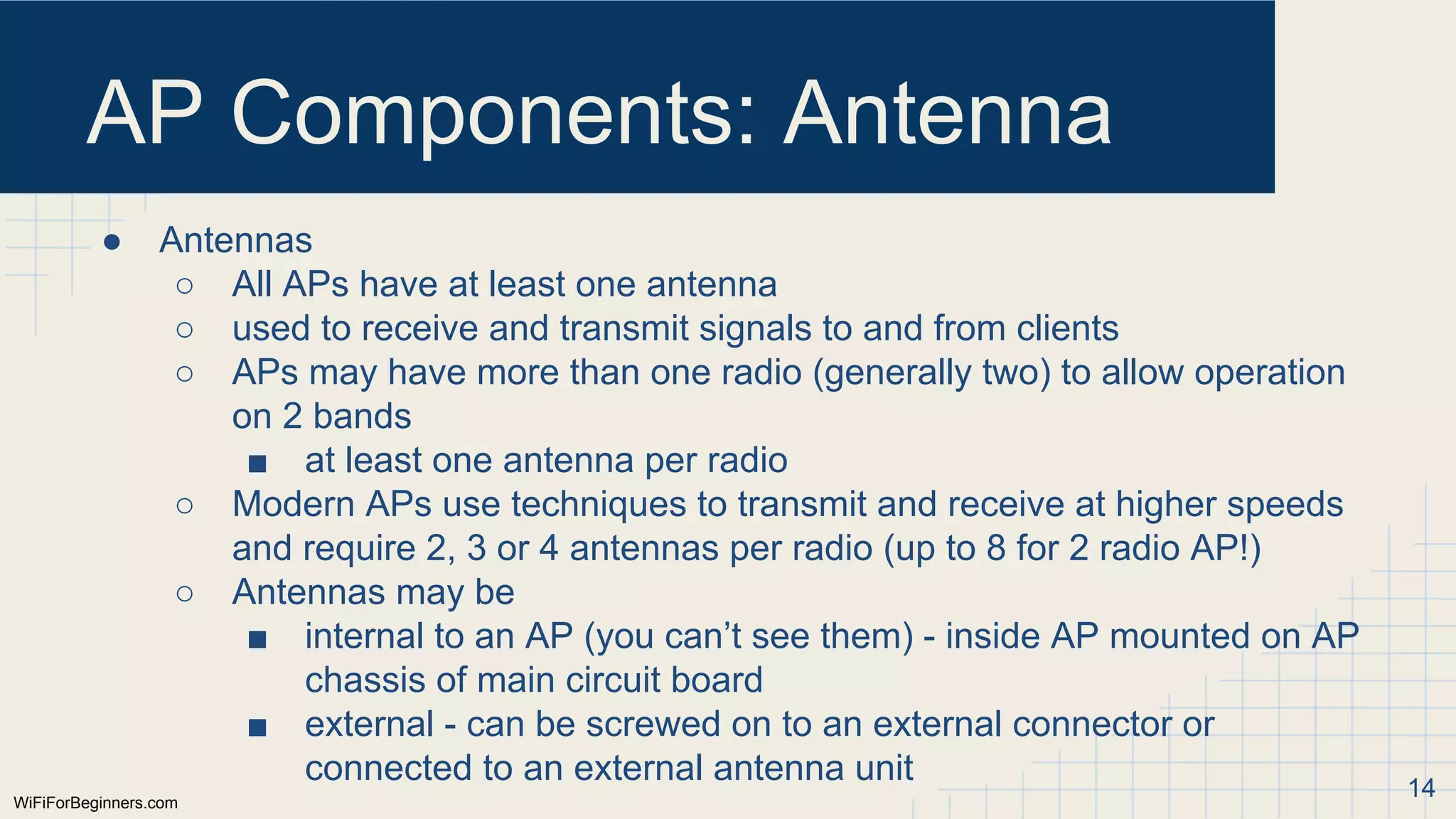 WiFiForBeginners.com
AP Components: Antenna
● Antennas
○ All APs have at least one antenna
○ used to receive and transmit signals to and from clients
○ APs may have more than one radio (generally two) to allow operation
on 2 bands
■ at least one antenna per radio
○ Modern APs use techniques to transmit and receive at higher speeds
and require 2, 3 or 4 antennas per radio (up to 8 for 2 radio AP!)
○ Antennas may be
■ internal to an AP (you can’t see them) - inside AP mounted on AP
chassis of main circuit board
■ external - can be screwed on to an external connector or
connected to an external antenna unit 14
 