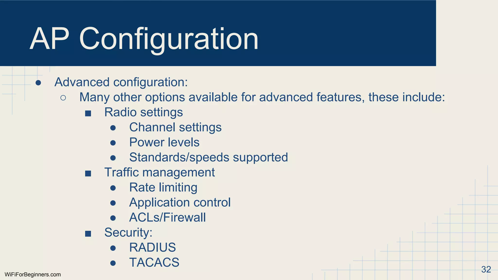 WiFiForBeginners.com
AP Configuration
● Advanced configuration:
○ Many other options available for advanced features, these include:
■ Radio settings
● Channel settings
● Power levels
● Standards/speeds supported
■ Traffic management
● Rate limiting
● Application control
● ACLs/Firewall
■ Security:
● RADIUS
● TACACS 32
 