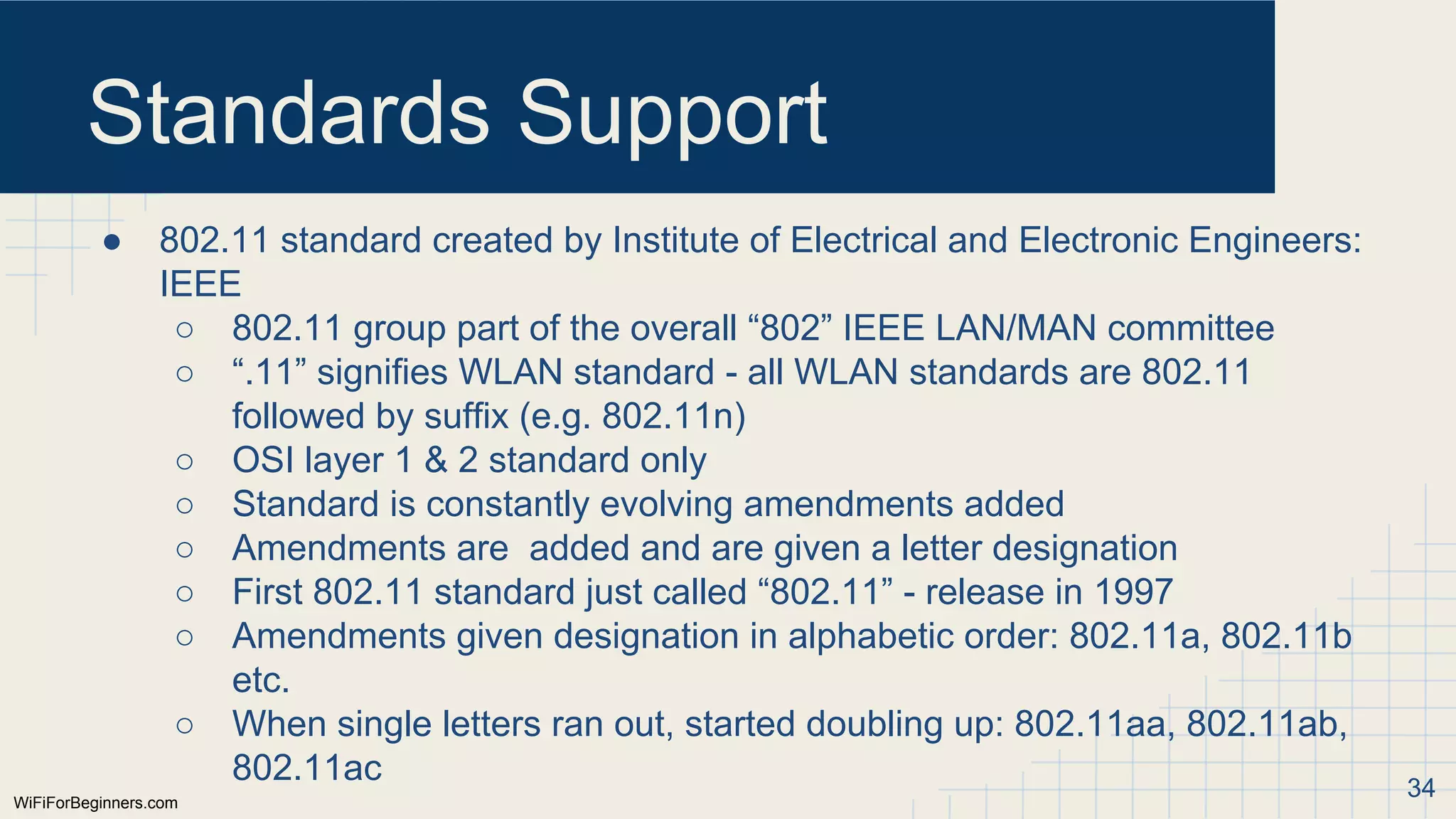 WiFiForBeginners.com
Standards Support
● 802.11 standard created by Institute of Electrical and Electronic Engineers:
IEEE
○ 802.11 group part of the overall “802” IEEE LAN/MAN committee
○ “.11” signifies WLAN standard - all WLAN standards are 802.11
followed by suffix (e.g. 802.11n)
○ OSI layer 1 & 2 standard only
○ Standard is constantly evolving amendments added
○ Amendments are added and are given a letter designation
○ First 802.11 standard just called “802.11” - release in 1997
○ Amendments given designation in alphabetic order: 802.11a, 802.11b
etc.
○ When single letters ran out, started doubling up: 802.11aa, 802.11ab,
802.11ac 34
 