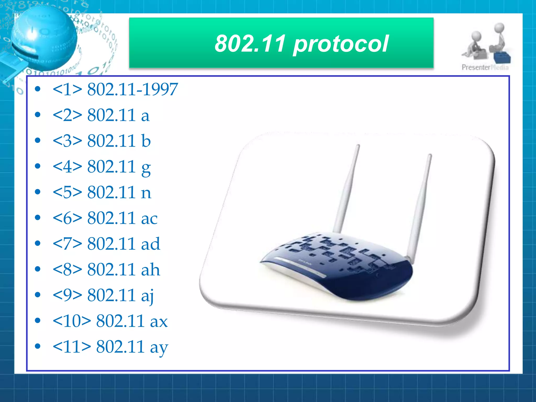 802.11 protocol
• <1> 802.11-1997
• <2> 802.11 a
• <3> 802.11 b
• <4> 802.11 g
• <5> 802.11 n
• <6> 802.11 ac
• <7> 802.11 ad
• <8> 802.11 ah
• <9> 802.11 aj
• <10> 802.11 ax
• <11> 802.11 ay
 