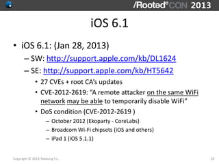 iOS 6.1
• iOS 6.1: (Jan 28, 2013)
      – SW: http://support.apple.com/kb/DL1624
      – SE: http://support.apple.com/kb/H...