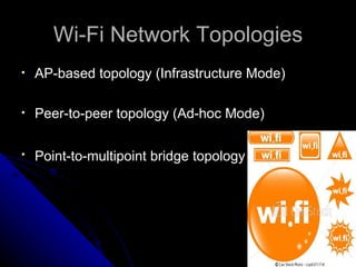 Wi-Fi Network Topologies AP-based topology (Infrastructure Mode) Peer-to-peer topology (Ad-hoc Mode) Point-to-multipoint bridge topology 