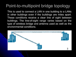 Point-to-multipoint bridge topology This is used to connect a LAN in one building to a LANs in other buildings even if the buildings are miles apart. These conditions receive a clear line of sight between buildings. The line-of-sight range varies based on the type of wireless bridge and antenna used as well as the environmental conditions. 