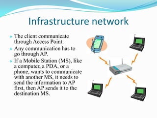 Infrastructure network
 The client communicate
through Access Point.
 Any communication has to
go through AP.
 If a Mobile Station (MS), like
a computer, a PDA, or a
phone, wants to communicate
with another MS, it needs to
send the information to AP
first, then AP sends it to the
destination MS.
 