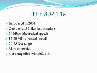 IEEE 802.11a
 Introduced in 2001
 Operates at 5 GHz (less popular)
 54 Mbps (theoretical speed)
 15-20 Mbps (Actual speed)
 50-75 feet range
 More expensive
 Not compatible with 802.11b
 