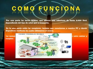 •  Por una parte las torres WiMax, que ofrecen una cobertura de hasta 8.000 Km2 dependiendo del tipo de señal que se transmite.  •  En la otra parte están los receptores, tarjetas que conectamos a nuestro PC y demás dispositivos mediante los cuales obtenemos el acceso. •  La comunicación dependerá como muestra el grafico de los obstaculos entre emisor y receptor. CUALQUIER DUDA SOBRE EL TRABAJO DE ESTA PRESENTACION PODREIS CONSULTARLA EN: www.leo8.wordpress.com/2007/10/trabajo_wimax_leandro_2esi.pdf 2/11 Ghz 66 Ghz 