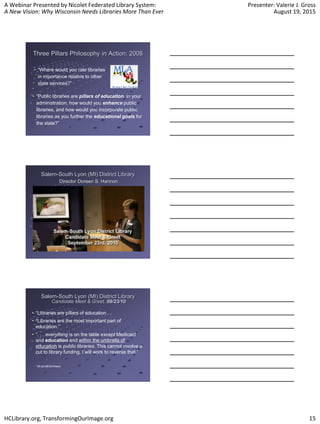 A Webinar Presented by Nicolet Federated Library System:
A New Vision: Why Wisconsin Needs Libraries More Than Ever
Presenter: Valerie J. Gross
August 19, 2015
HCLibrary.org, TransformingOurImage.org 15
Three Pillars Philosophy in Action: 2008
“Where would you rate libraries
in importance relative to other
state services?”
“Public libraries are pillars of education. In your
administration, how would you enhance public
libraries, and how would you incorporate public
libraries as you further the educational goals for
the state?”
Salem-South Lyon (MI) District Library
Director Doreen S. Hannon
Salem-South Lyon (MI) District Library
Candidate Meet & Greet, 09/23/10
“Libraries are pillars of education . .
“Libraries are the most important part of
education.”
“. . . everything is on the table except Medicaid
and education and within the umbrella of
education is public libraries. This cannot involve a
cut to library funding. I will work to reverse that.”
bit.ly/LibEduVideos
 